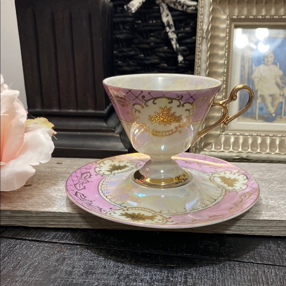 Vintage MCM Classica Japan Pink Lusterware High Pedestal Teacup With Saucer!